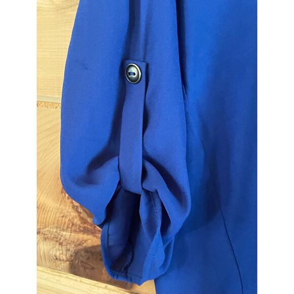 LUSH women's royal blue sheer blouse V-neck. Roll tab sleeve. Size Small - Picture 3 of 7